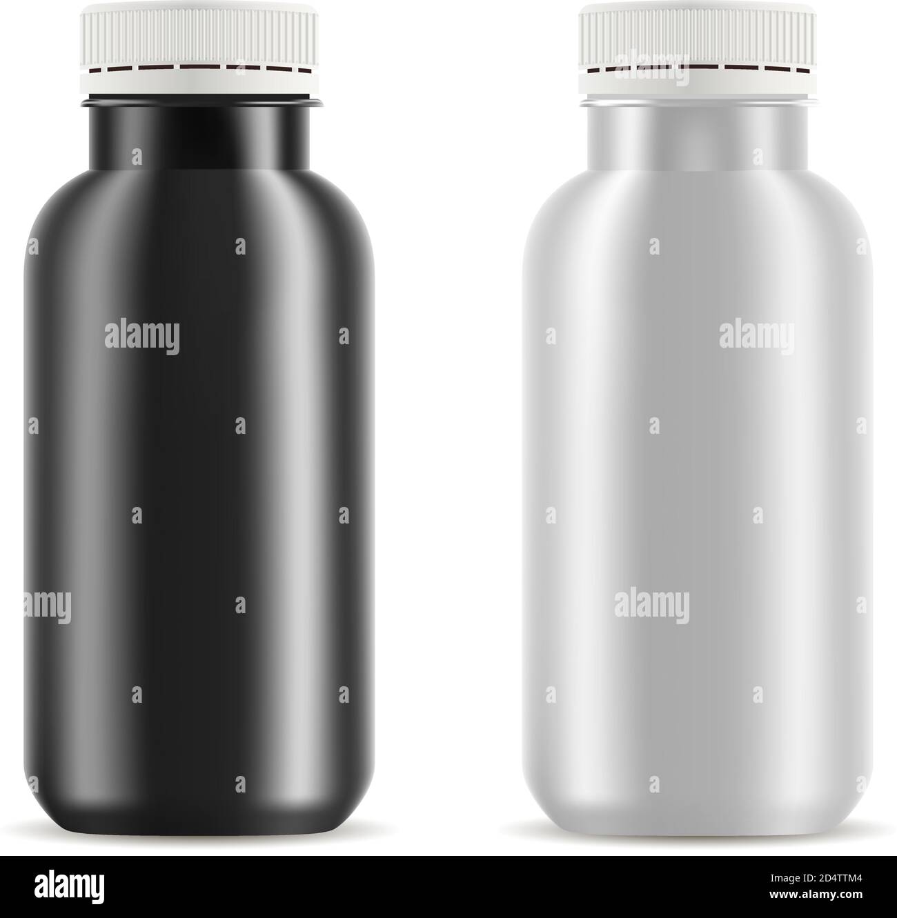 Beva boccapiatti. Illustrazione vettoriale 3d realistica di bottiglie nere e wwite con coperchio in plastica bianca per succhi di frutta, tè, yogurt e altri liqui freschi Illustrazione Vettoriale