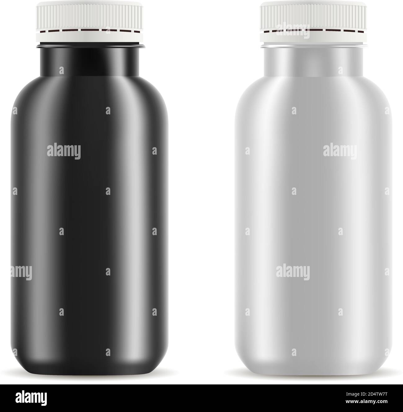 Beva boccapiatti. Illustrazione vettoriale 3d realistica di bottiglie nere e wwite con coperchio in plastica bianca per succhi di frutta, tè, yogurt e altri liqui freschi Illustrazione Vettoriale