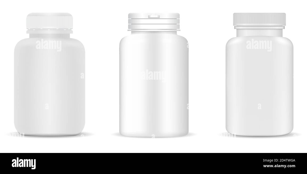 Set di flaconi per uso medico. Contenitori bianchi per farmaci, pillole, supplementi. illustrazione vettoriale 3d jar. Illustrazione Vettoriale