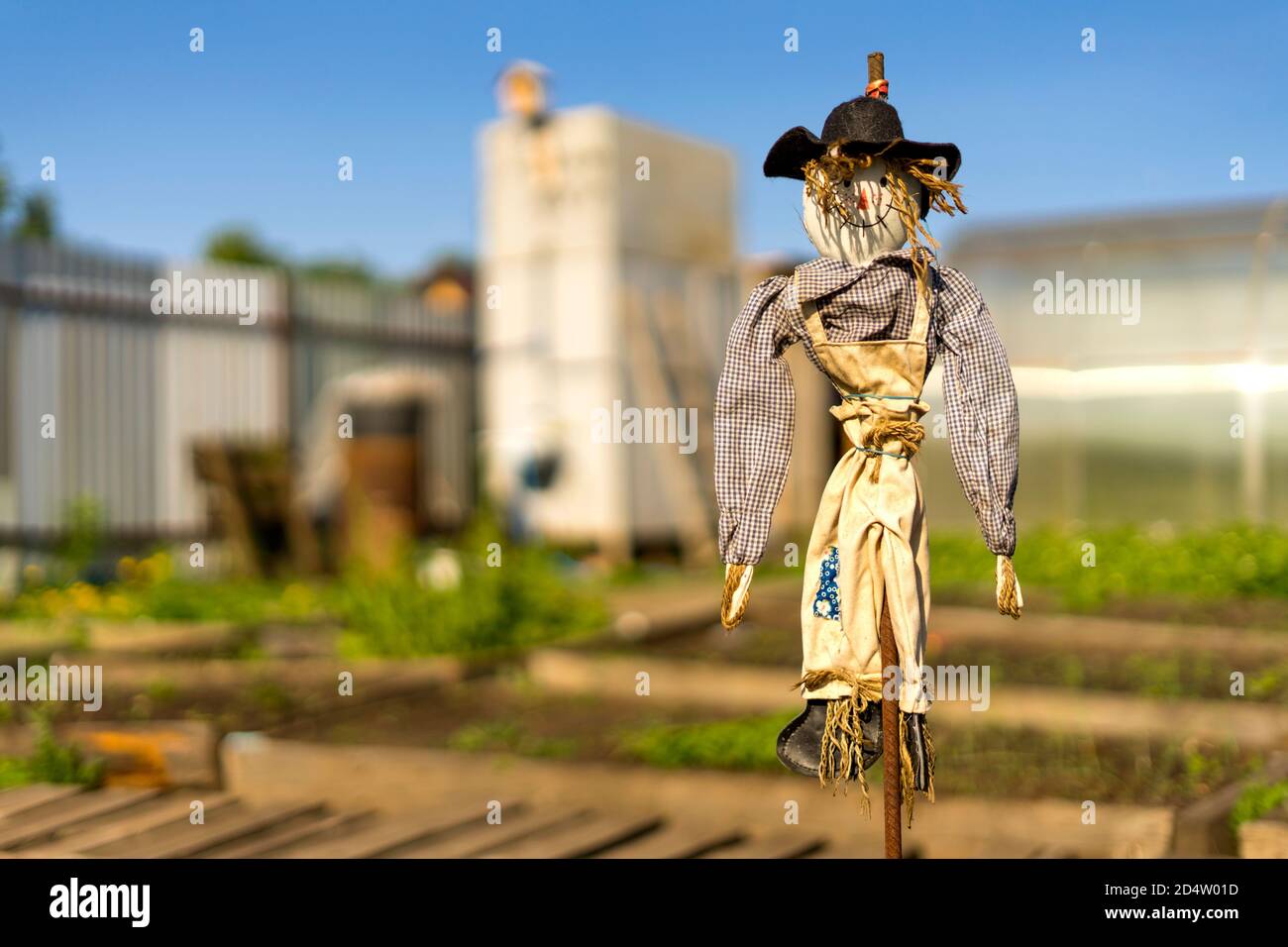 Bogeyman sorridente in un giardino o in un campo contro un cielo blu. Giorno estivo luminoso e soleggiato. Profondità di campo poco profonda. Spazio per il testo. Foto Stock