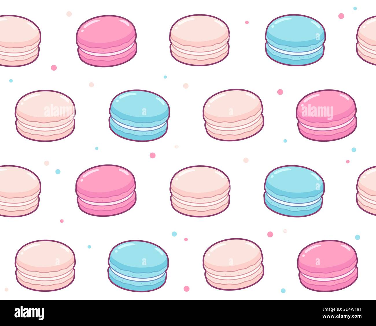 Carino cartoon Macarons modello. Biscotti tradizionali alle mandorle francesi, texture di sfondo senza cuciture. Illustrazione Vettoriale