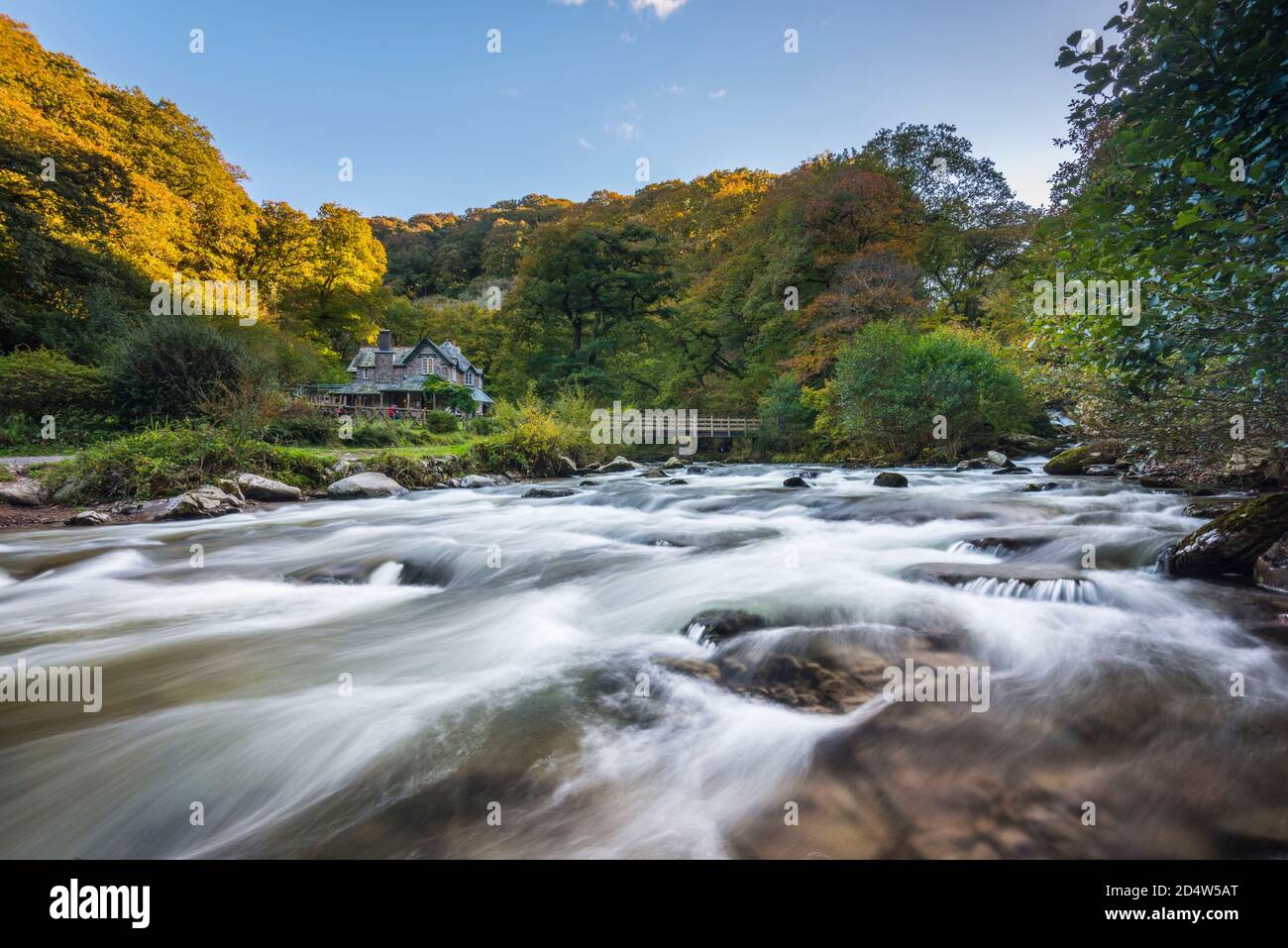 Watersfeet, Lynmouth, Devon, Regno Unito. 11 Ottobre 2020. Gli alberi sono nei loro colori autunnali al Watermeet sul fiume Lyn vicino a Lynmouth nel Parco Nazionale di Exmoor in Devon in un caldo pomeriggio di sole. Regno Unito Meteo. Picture Credit: Graham Hunt/Alamy Live News Foto Stock