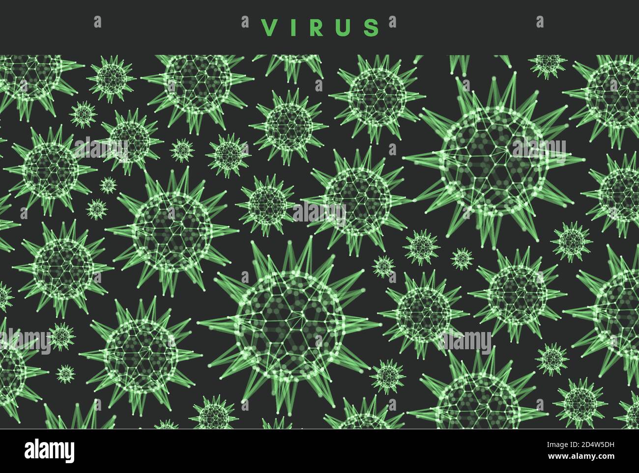 sfera 3d con linee e punti collegati. Cellule di microrganismo nello spazio. Particelle di virus verdi. Illustrazione vettoriale astratta per scienza, medicina, arte Illustrazione Vettoriale