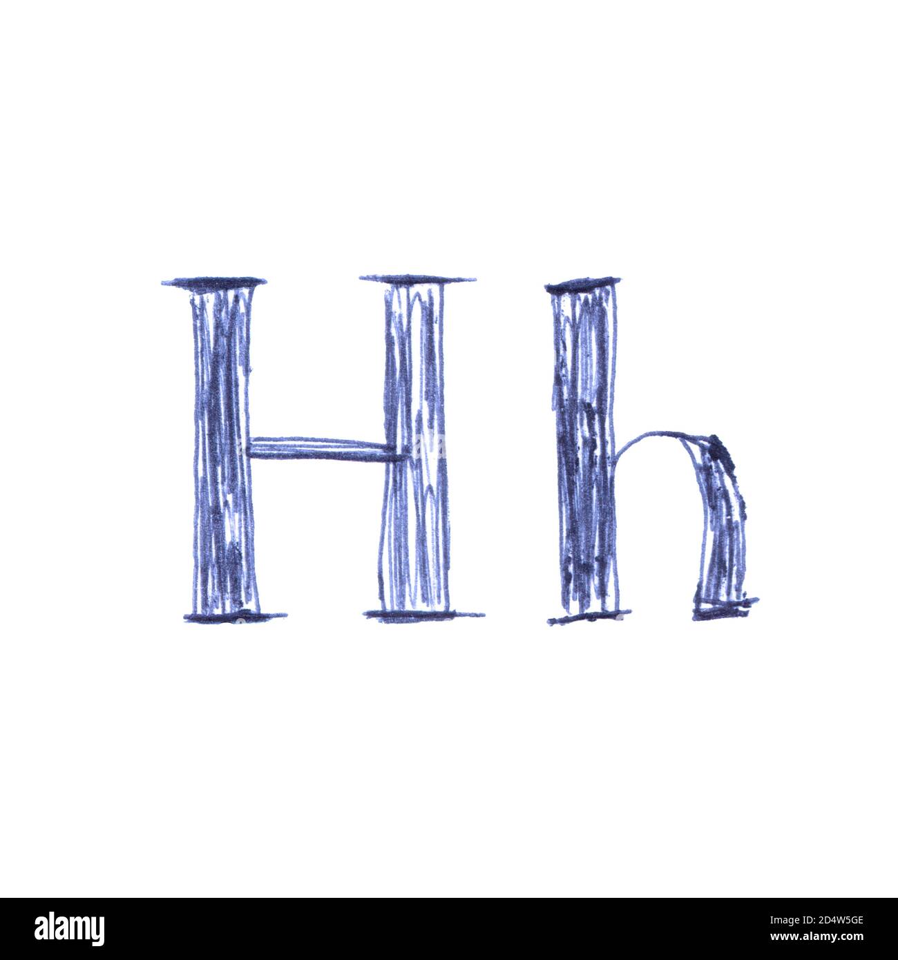 HH - lettera dell'alfabeto disegnata a mano con una penna a sfera blu. Un carattere univoco. Foto Stock