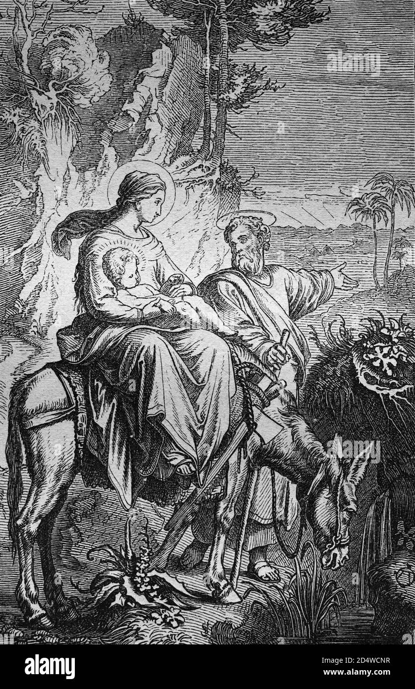 La fuga in Egitto, storica incisione in acciaio dall'anno 1860 Foto Stock