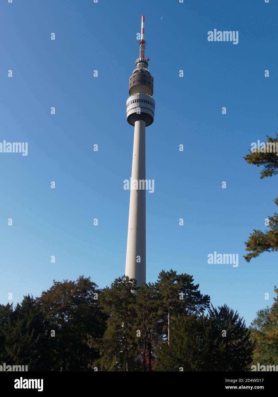 Florianturm Fernsehturm im Westfalenpark hinter Bäumen, in Dortmund, Nordrhein-Westfalen, Deutschland Westfälische Park, Landschaft, Ansicht von unten Foto Stock