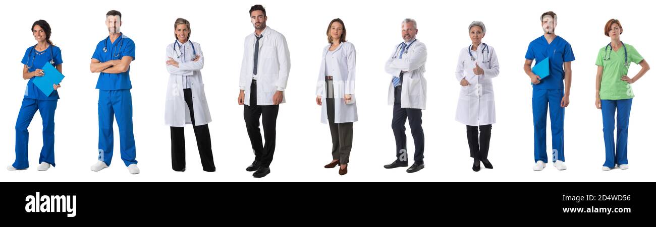 Raccolta di ritratti a lunghezza intera di medici. Elemento di design, studio isolato su sfondo bianco Foto Stock