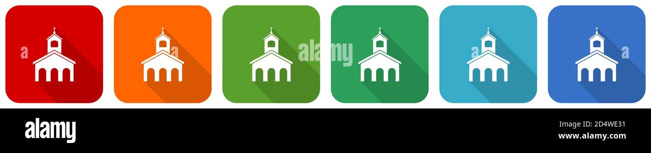 Religione, set di icone per la chiesa, illustrazione vettoriale di design piatto in 6 colori per applicazioni di webdesign e mobile Illustrazione Vettoriale