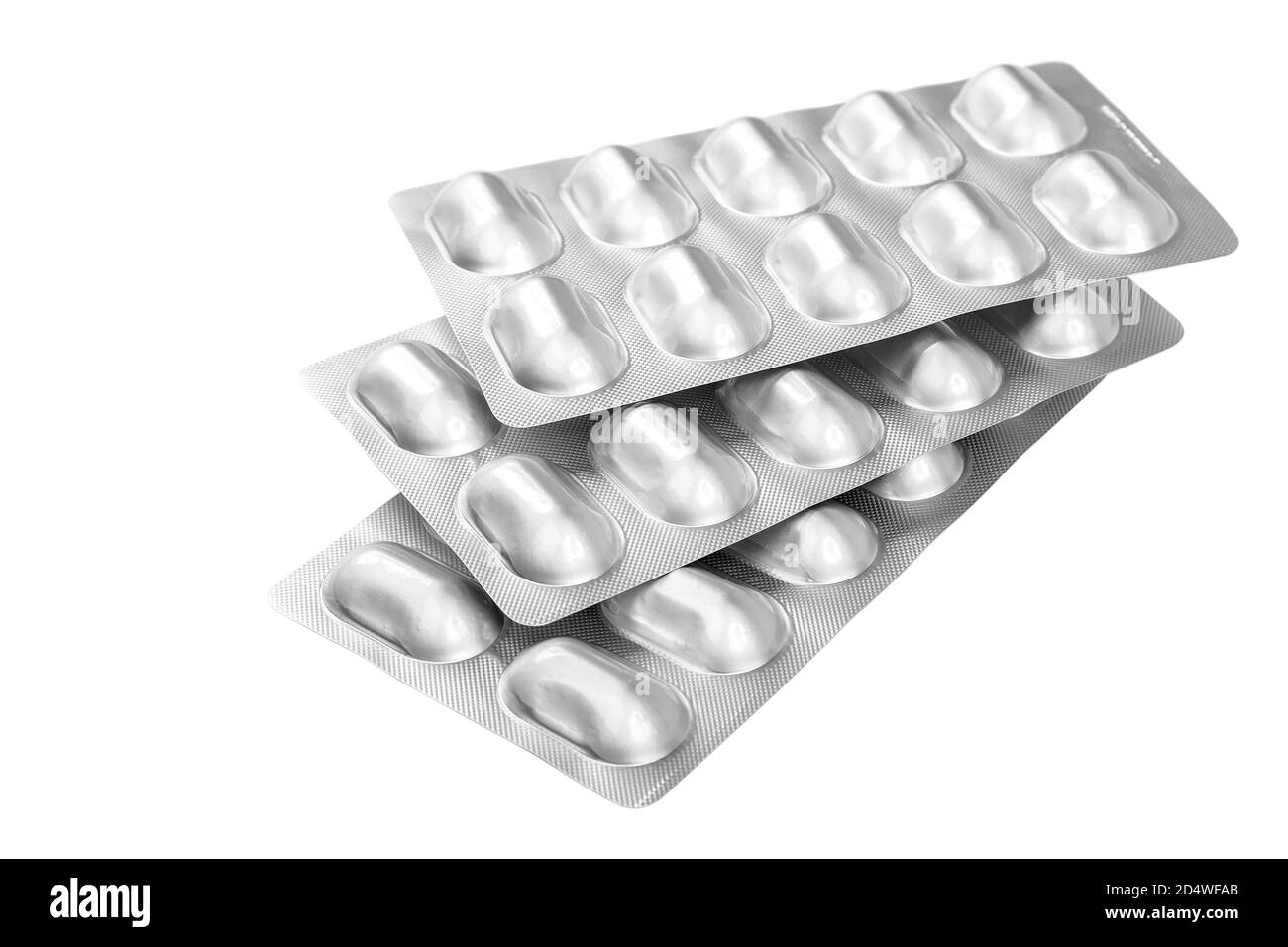 Pillole in blister isolati su sfondo bianco. Foto Stock
