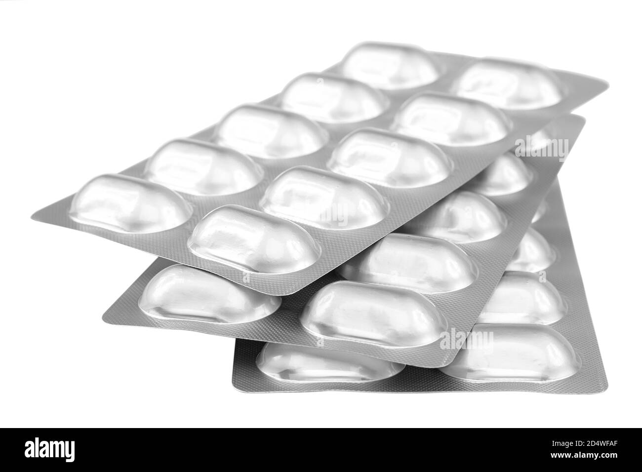 Pillole in blister isolati su sfondo bianco. Foto Stock