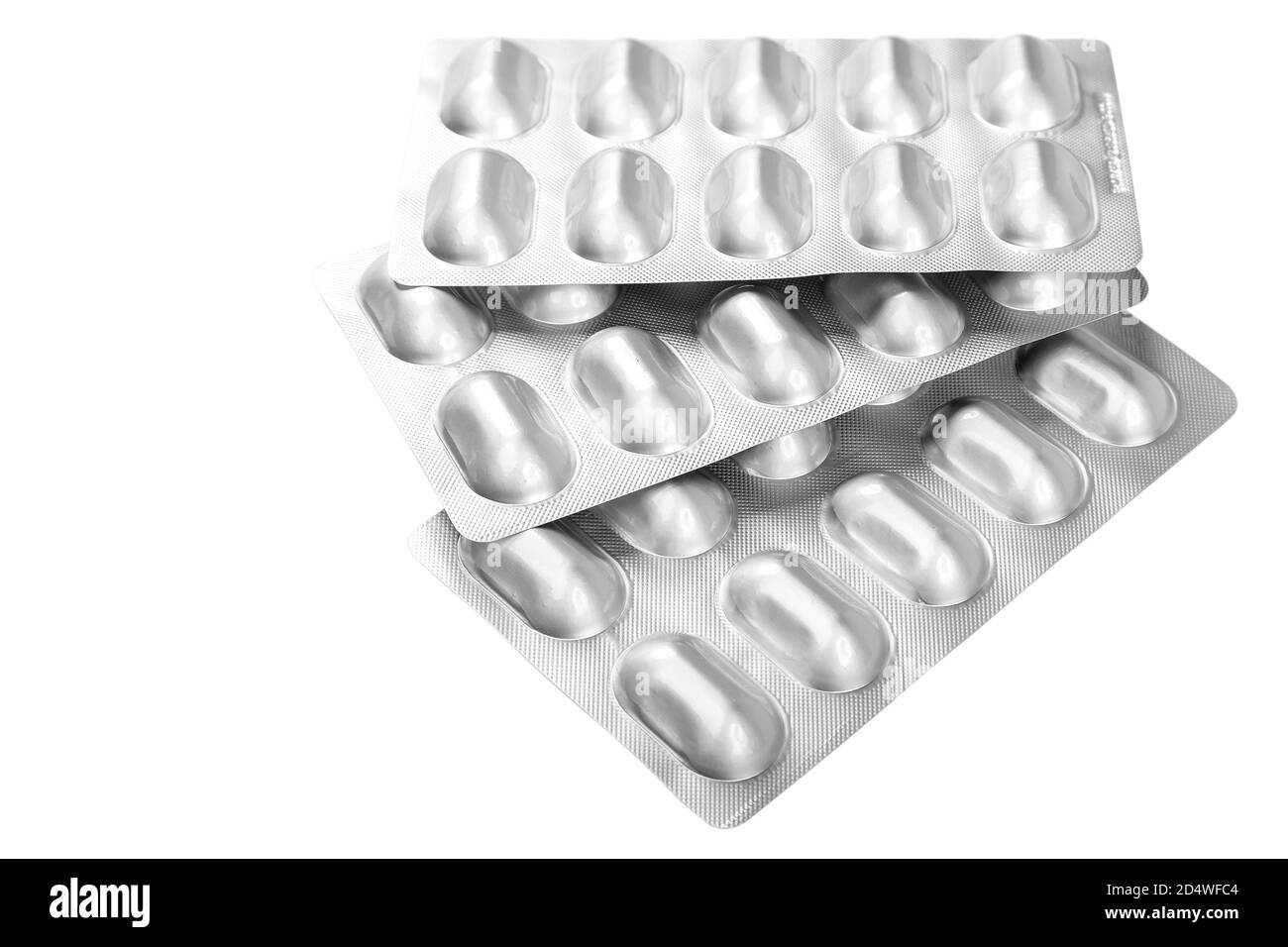 Pillole in blister isolati su sfondo bianco. Foto Stock