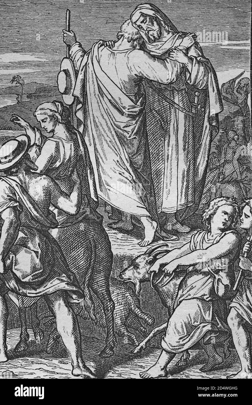 Abramo e Lot, incisione storica in acciaio da una bibbia 1860 Foto Stock