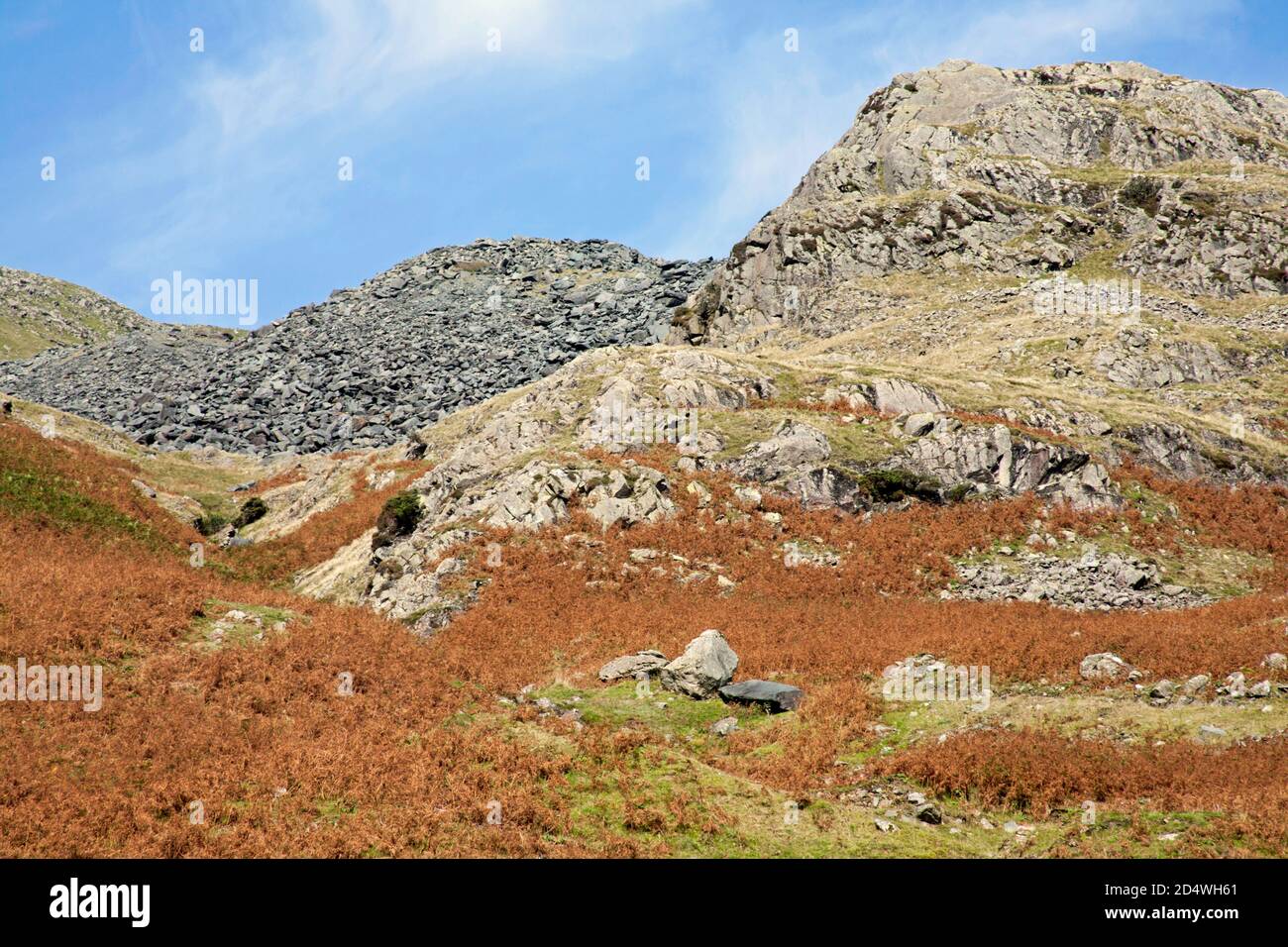 Bursting Stone Quarry e Timley Knott sulle pendici meridionali Del vecchio uomo di Coniston Coniston il Distretto dei Laghi Parco nazionale Cumbria Inghilterra Foto Stock