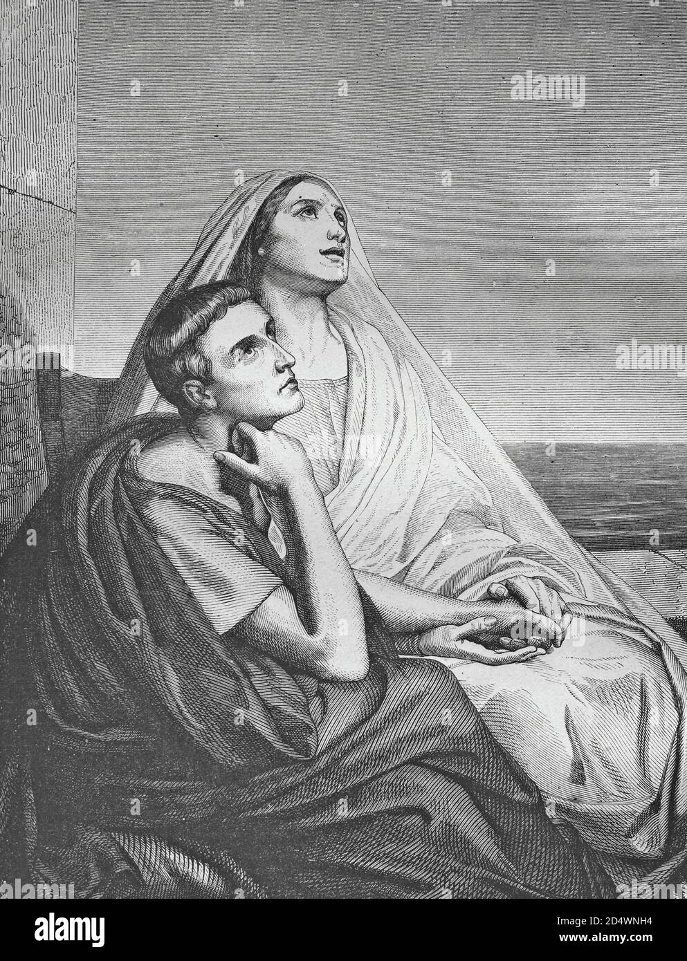 Sant'Agostino e sua madre Monica, incisione storica in acciaio da una bibbia 1860 Foto Stock