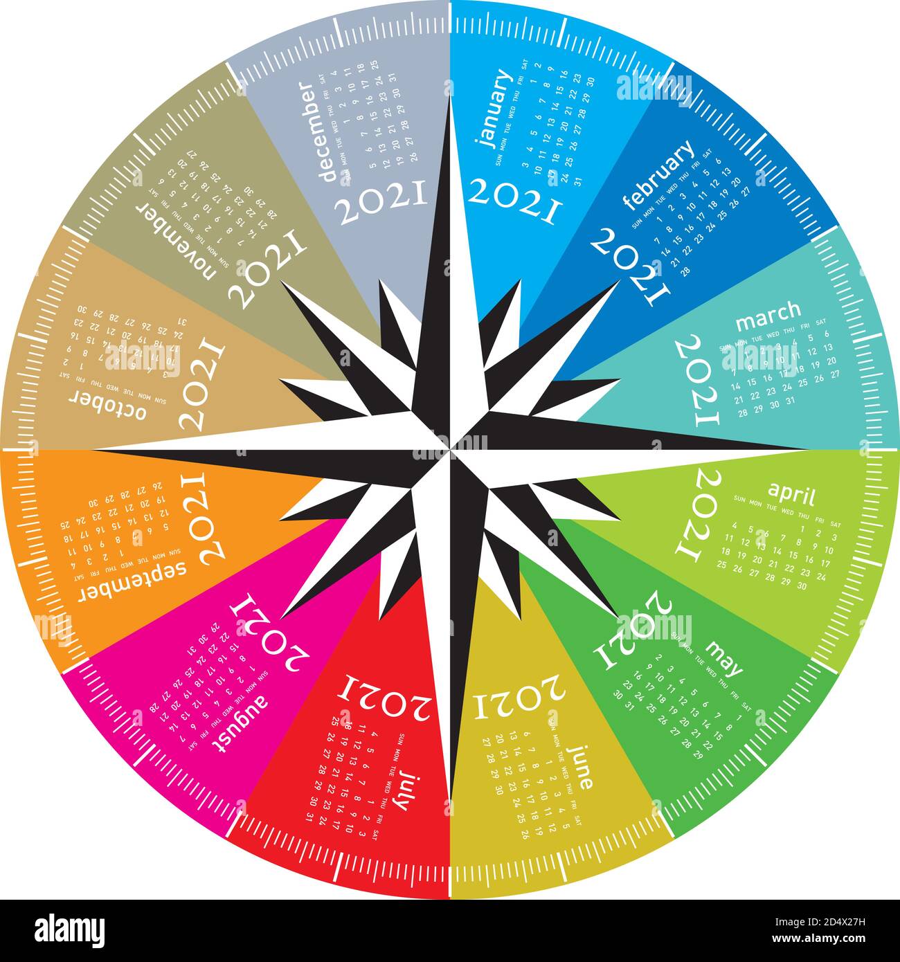 Calendario colorato per il 2021. Design circolare. In formato vettoriale Illustrazione Vettoriale