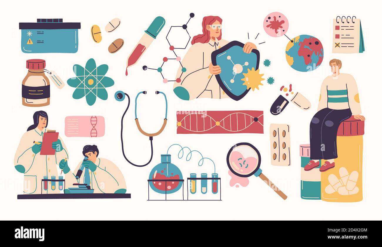 Raccolta di scienziati, medici o ricercatori in laboratorio. Persone che lavorano in laboratorio, medicine, attrezzature mediche. Illustrazioni isolate su bianco b Illustrazione Vettoriale