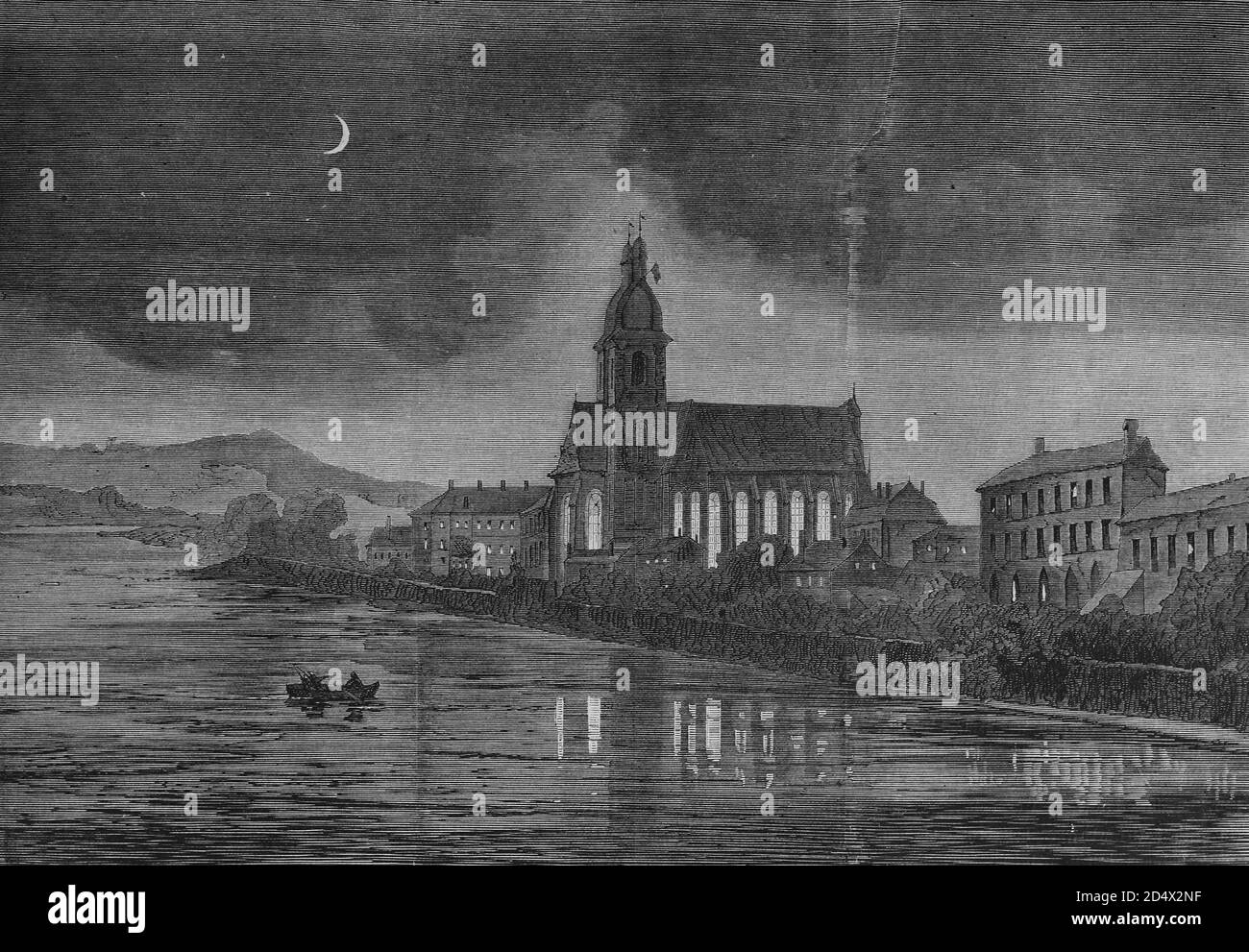 Nightview della chiesa del seminario a Pont-a-Masson, storia della guerra illustrata, guerra tedesco-francese 1870-1871 Foto Stock