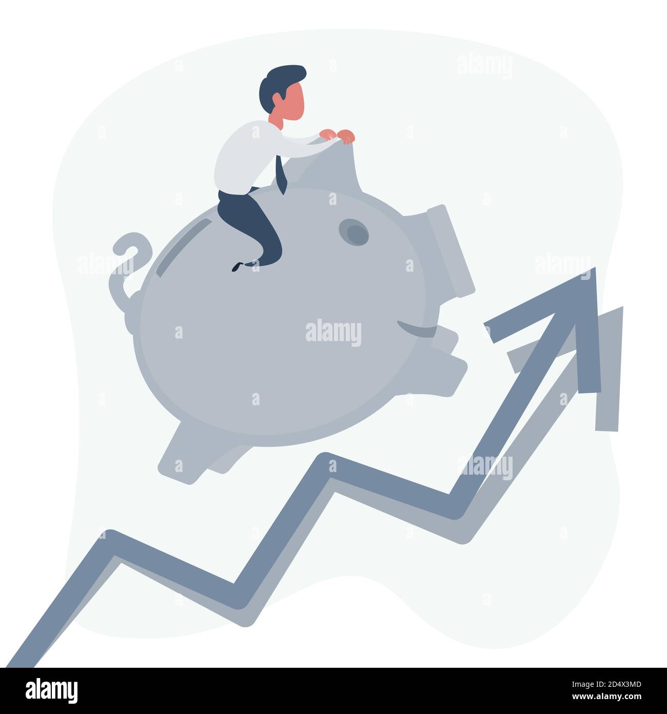 Illustrazione di un uomo d'affari che cavalca la sua banca piggy che corre verso l'alto sopra grafico a freccia Illustrazione Vettoriale