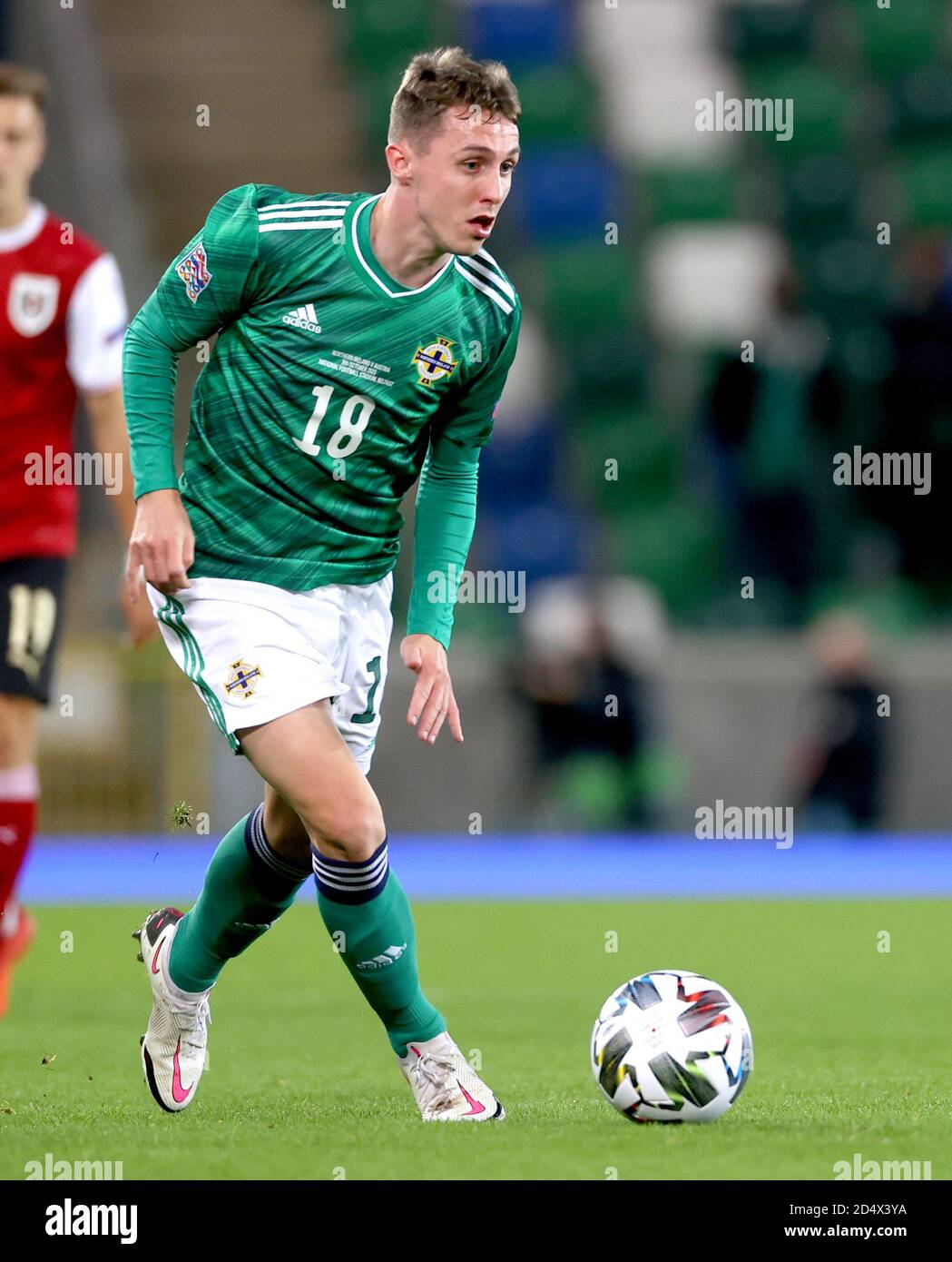 Gavin Whyte dell'Irlanda del Nord durante la UEFA Nations League Group 1, League B match a Windsor Park, Belfast. Foto Stock