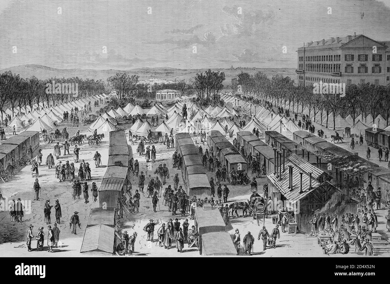Tenda e vagone ferroviario Ospedale sull'Esppaade a Metz, dopo la resa, illustrata storia della guerra, tedesco - francese guerra 1870-1871 Foto Stock
