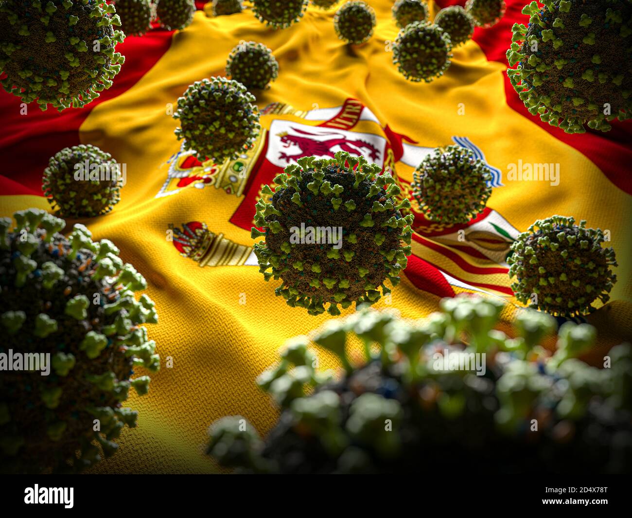 COVID-19 molecole di Coronavirus su bandiera spagnola - risposta di crisi di salute Con aumento dei casi di COVID - Spagna Virus Pandemic vittime Foto Stock