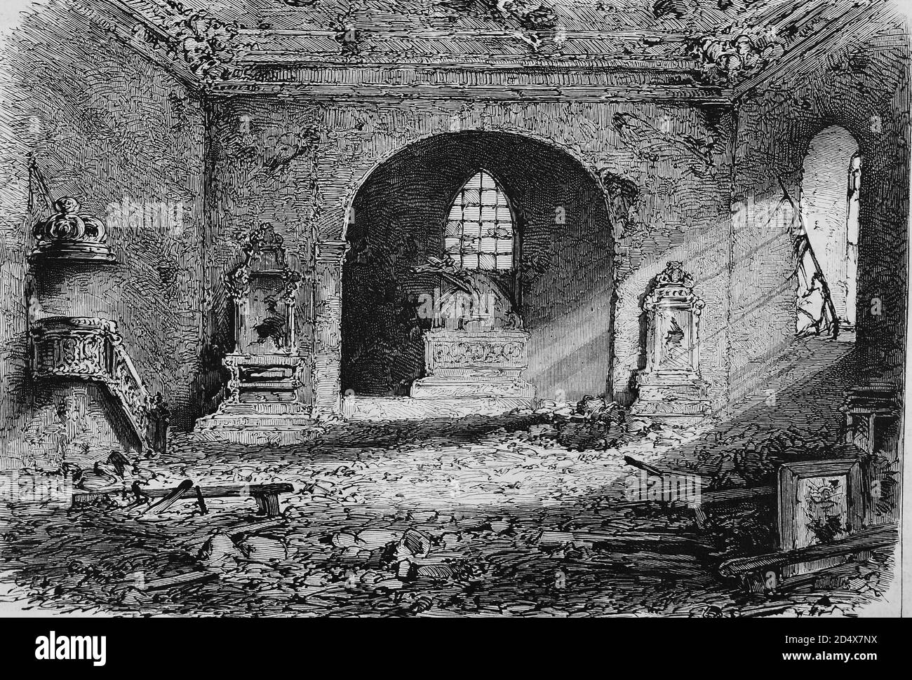 Distruzione della chiesa di Perouse a Belfort, storia della guerra illustrata, guerra tedesco - francese 1870-1871 Foto Stock