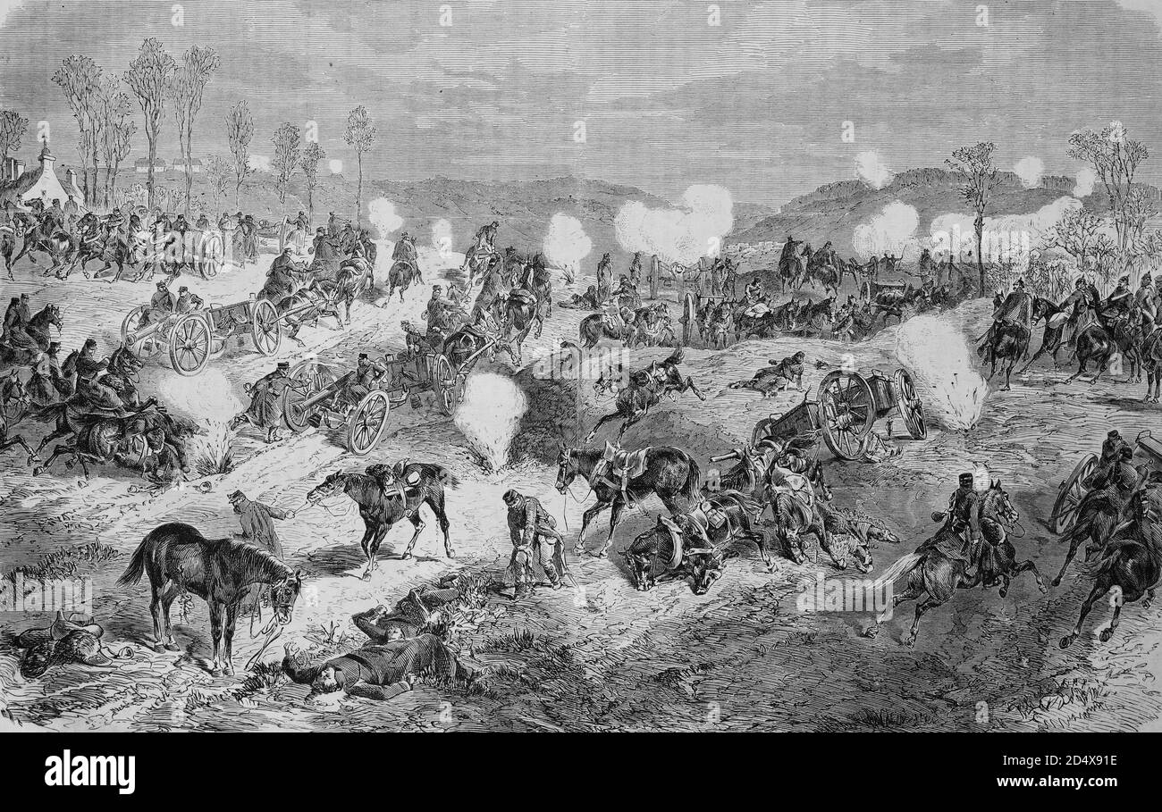 Artiglieria Wuerttembergische sugli altipiani vicino a Villiers, storia della guerra illustrata, guerra tedesco-francese 1870-1871 Foto Stock