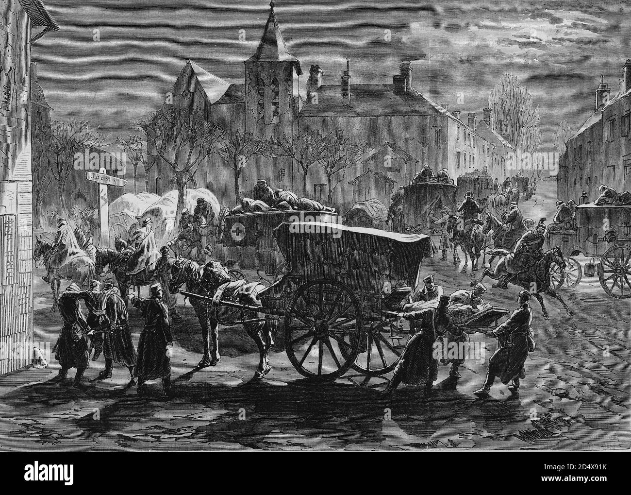 Arrivo dei Sassoni feriti negli Champs, storia della guerra illustrata, guerra tedesco-francese 1870-1871 Foto Stock