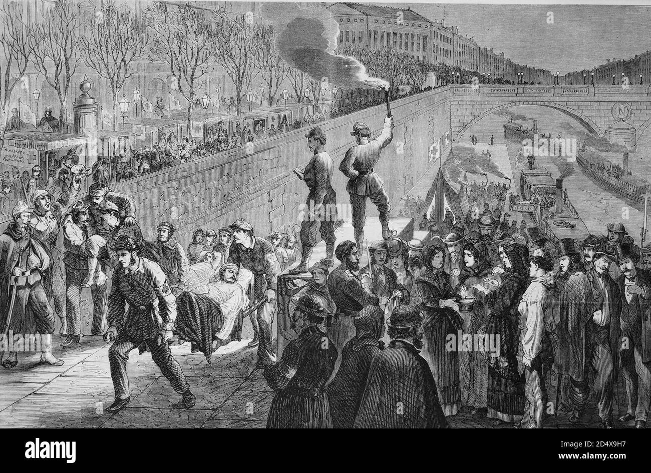 Feriti francesi al Quai de la Medisserie, Parigi, storia della guerra illustrata, guerra tedesco-francese 1870-1871 Foto Stock