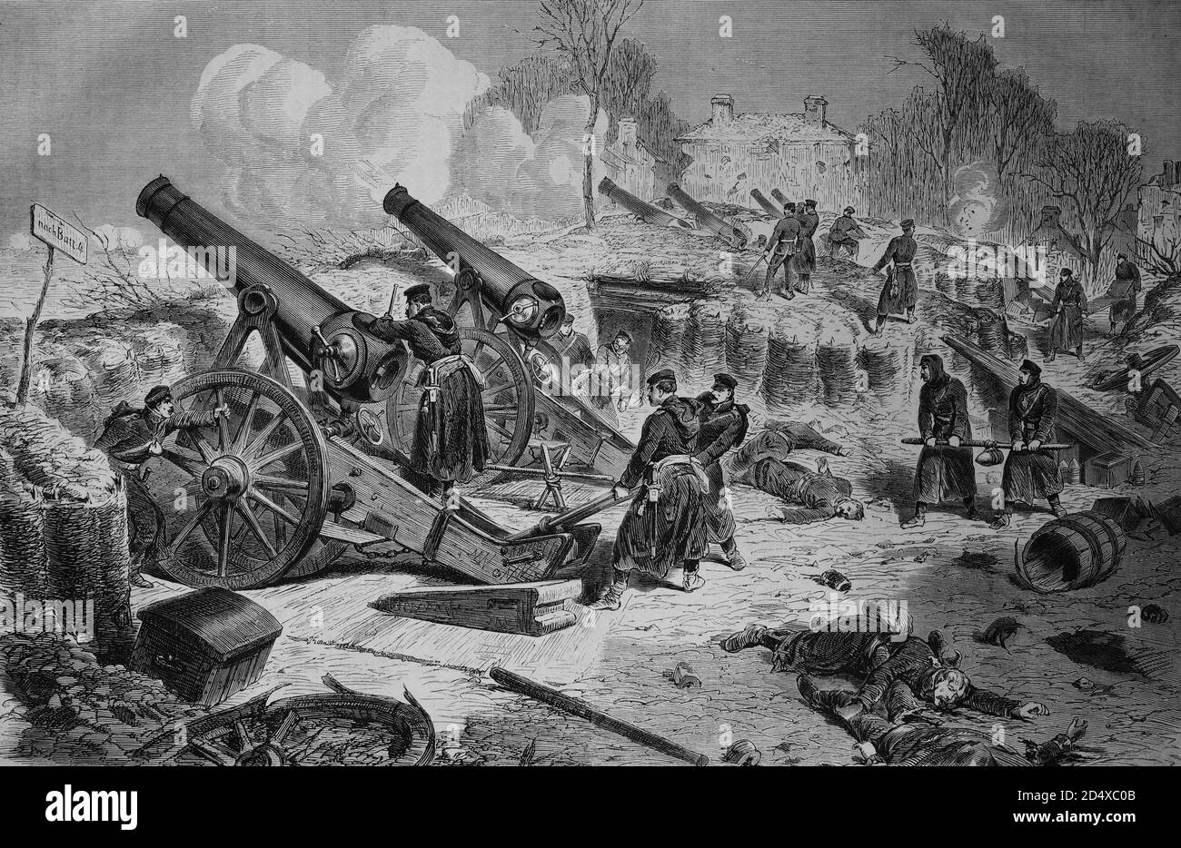 Batteria d'assedio prussiana fuori Parigi, storia di guerra illustrata, guerra tedesco - francese 1870-1871 Foto Stock
