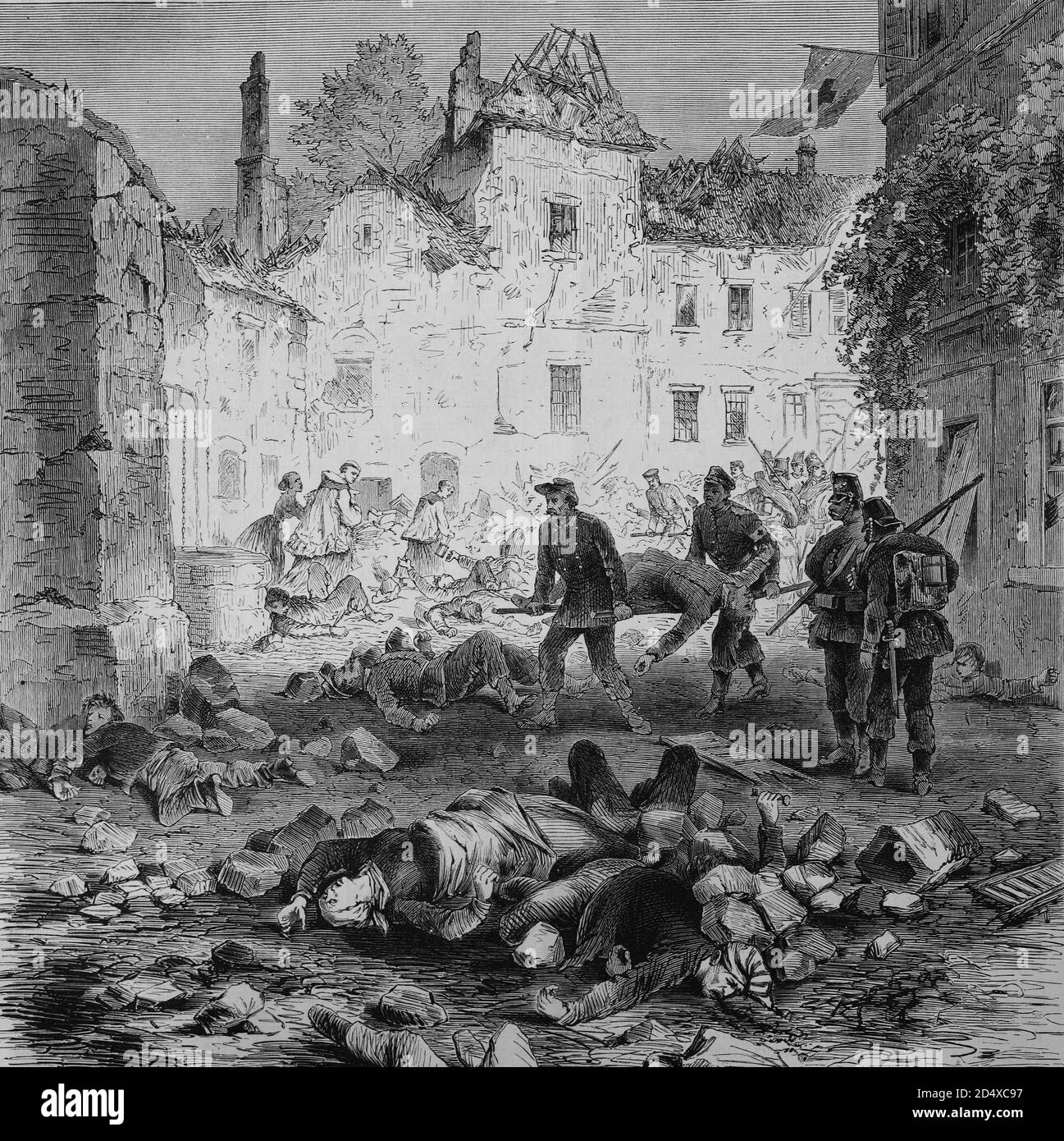 Una strada in Laon dopo l'esplosione della torre della polvere, illustrata la storia della guerra, tedesco - guerra francese 1870-1871 Foto Stock