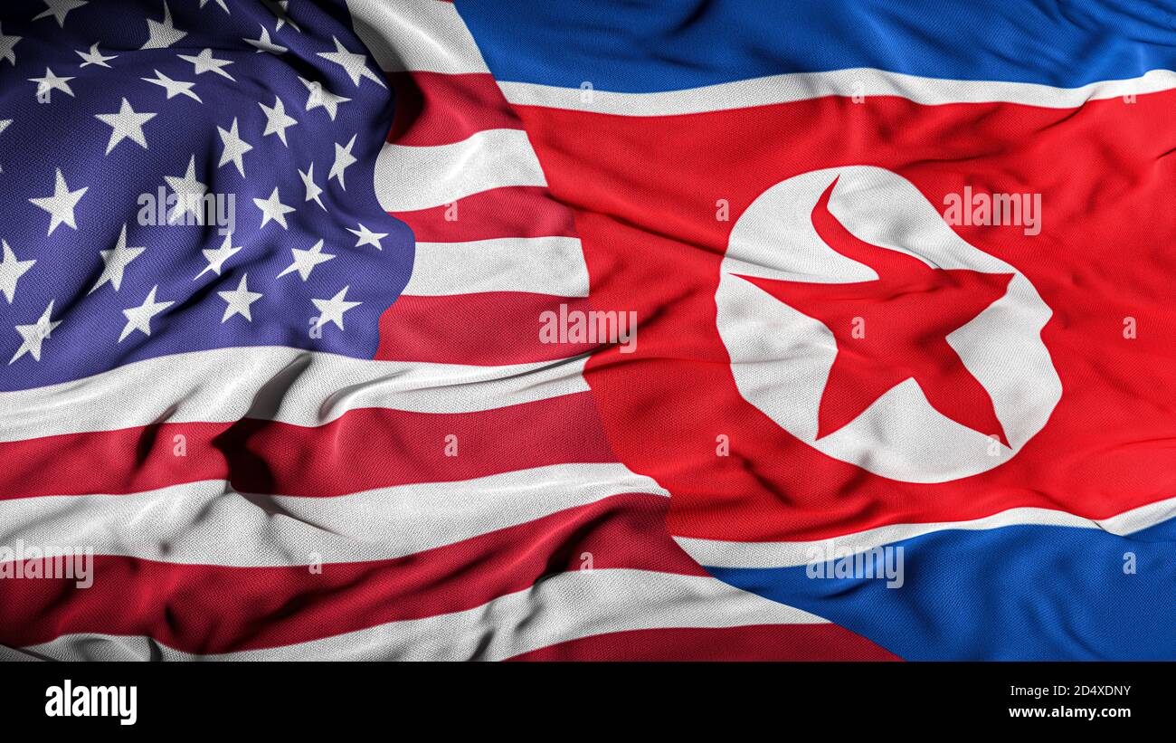 STATI UNITI - Corea del Nord Bandiera combinata | concetto di relazioni con gli Stati Uniti e la Corea del Nord | rapporto americano - Corea del Nord copertura sfondo - Guerra, conflitto Foto Stock