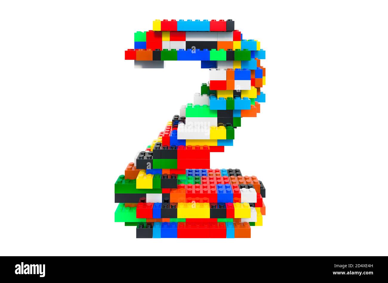 Numero 2 da colorati blocchi giocattolo da costruzione, rendering 3D isolato su sfondo bianco Foto Stock