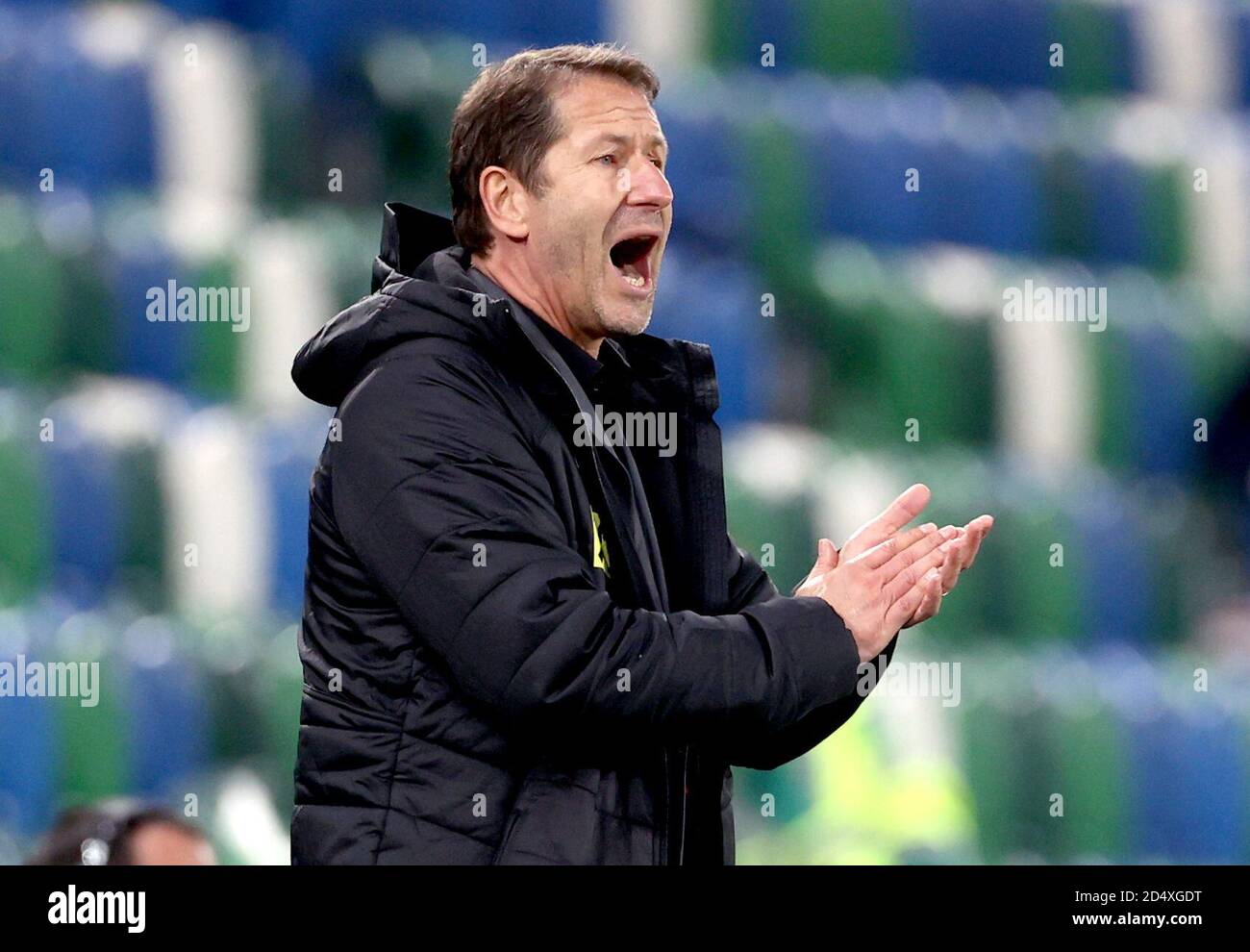 Il manager austriaco Franco Foda grida dalla linea di contatto durante la UEFA Nations League Group 1, League B match a Windsor Park, Belfast. Foto Stock