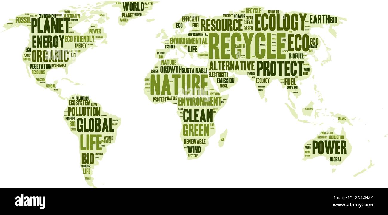Nuvola di parole in una forma di mappa del mondo, tema ecologico, illustrazione vettoriale Illustrazione Vettoriale