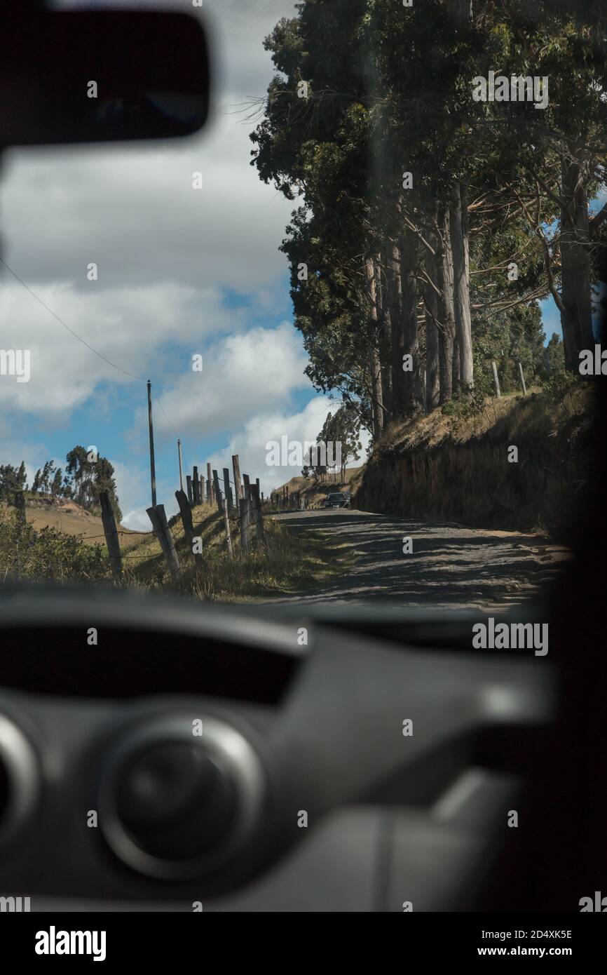 primo piano dell'interno di un'auto, che mostra il cruscotto dell'auto, parabrezza, sullo sfondo di una strada sterrata con alberi Foto Stock