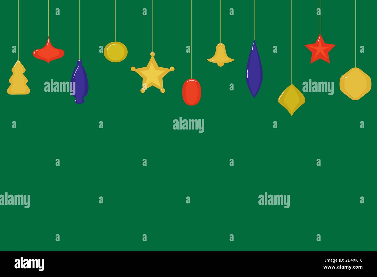 Decorazioni natalizie sotto forma di palle, alberi di Natale, campana, stelle di colore rosso, blu e giallo su sfondo verde. Copia spazio Illustrazione Vettoriale