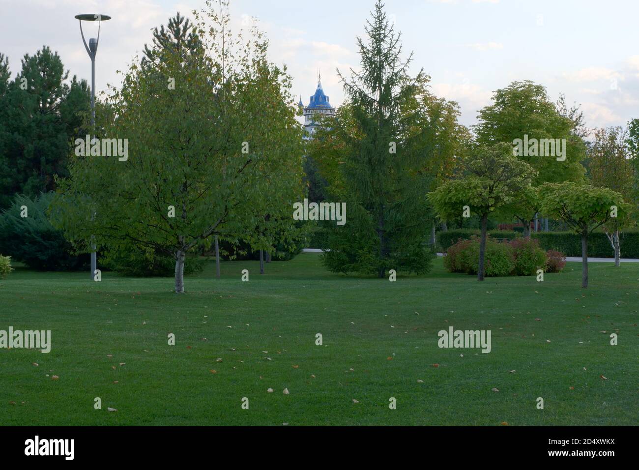 Green Grass al parco con Blue Castle in background Foto Stock