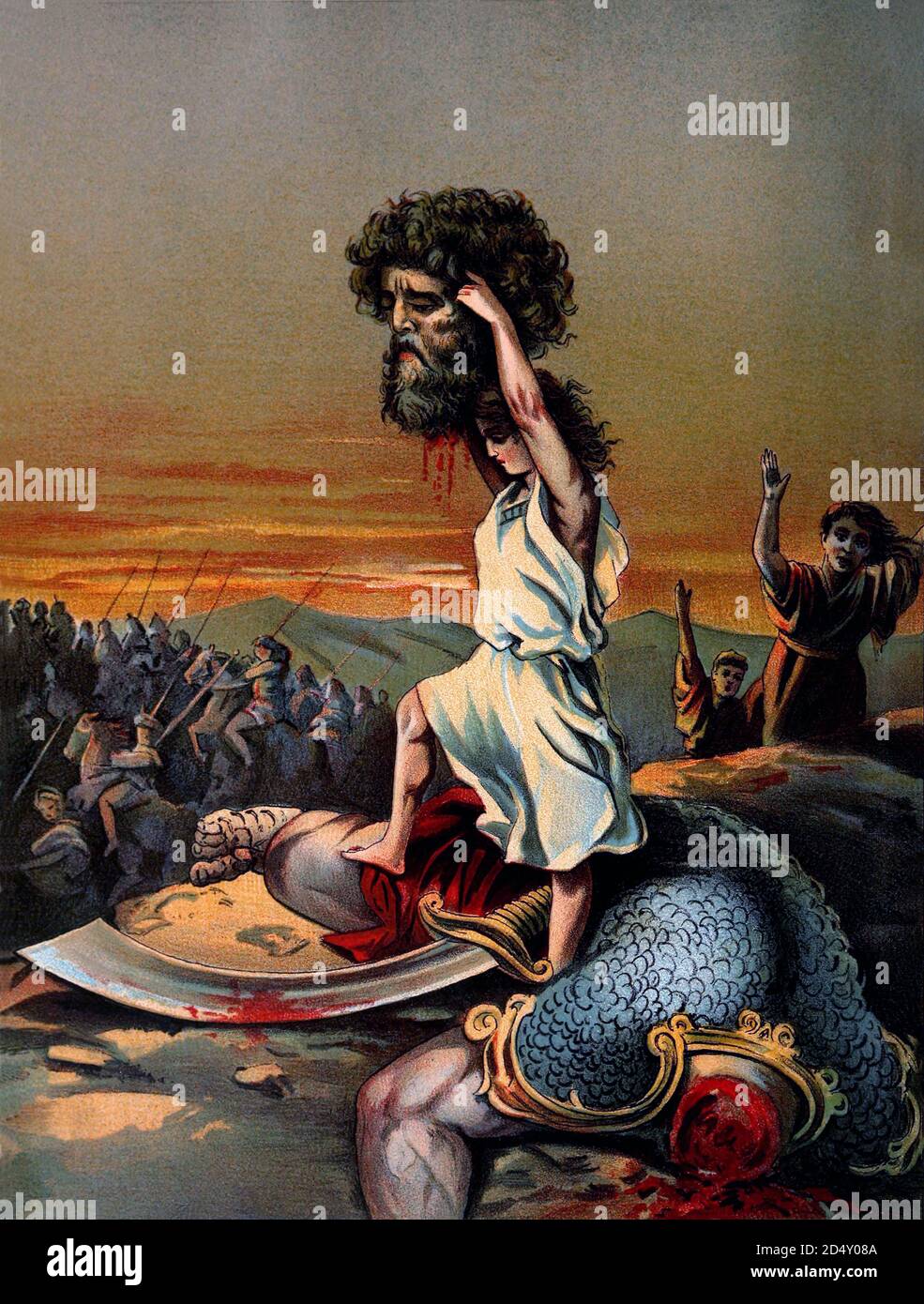 1020 BCE c. , ISRAELE : il RE ebraico DAVIDE ( 1010 c.- 970 a.C. ) con la testa decapitata del gigante GOLIA. Davide era l'autore dei salmi ed è descritto nella Bibbia ebraica come il 3° re della monarchia unita d'Israele e di Giuda. Illustrazione litografica , pubblicatasi nel libro ' Sweet stories of God ' di Josephine Pollard ( 1899 ) . Gesù Cristo è descritto come disceso da Davide nei Vangeli di Matteo e Luca . - NOBILITY - NOBILI - RE DAVIDE - GIGANTE GOLIA - ISRAELE - VECCHIO TESTAMENTO - VECCHIO TESTAMENTO - BIBBLIA - BIBBLE - EBREO - POPOLO EBRAICO - ILLUSTRAZIONE - ILLUSTRATI Foto Stock