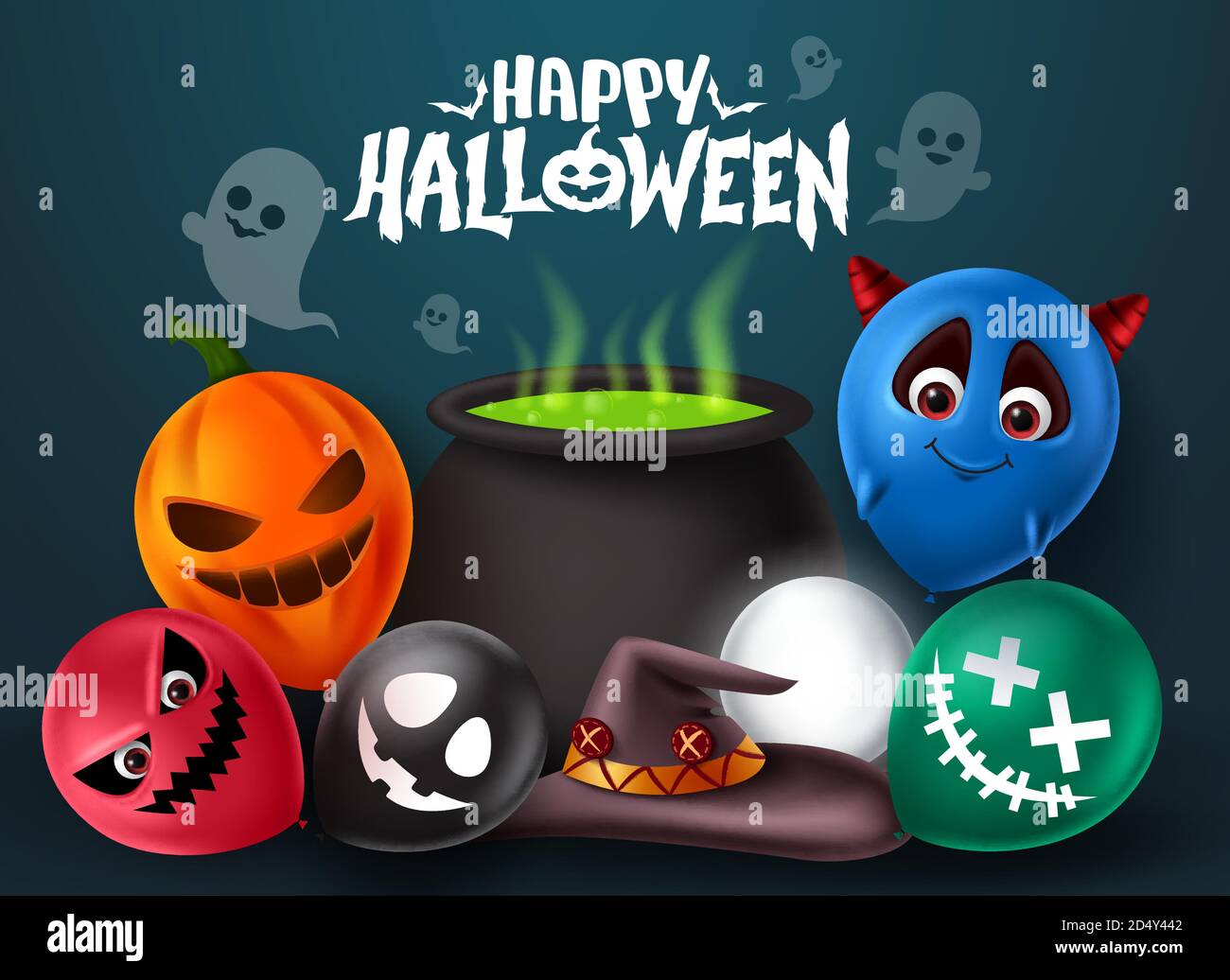 Design vettoriale Halloween. Allegro testo halloween con elementi horror balloon con personaggi spaventosi volti come diavolo, fantasma, demone e zucca. Illustrazione Vettoriale