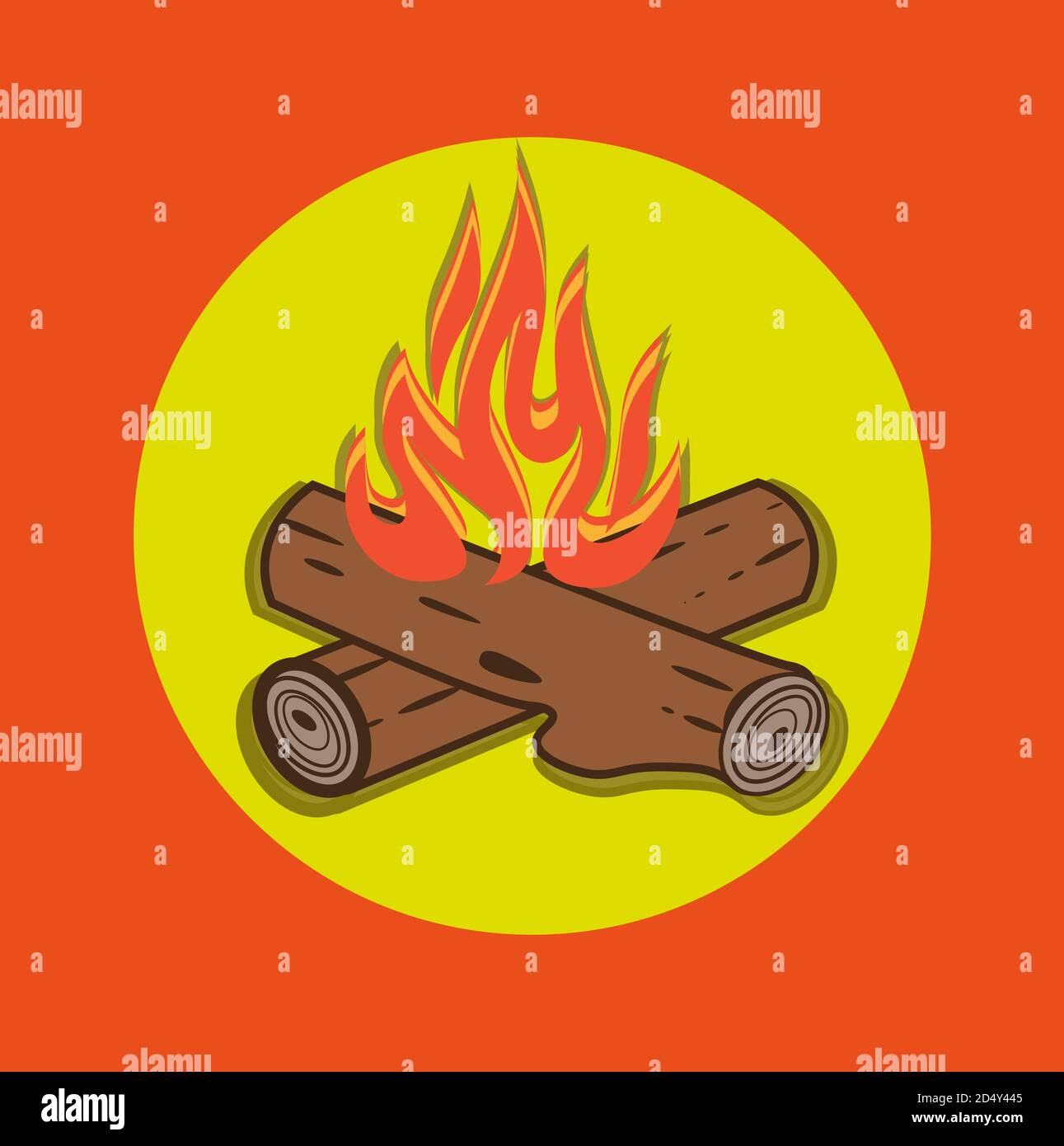 Campfire vettore cartoon Style illustrazione - tronchi incrociati e fiamme fuoco su sfondo arancione. Illustrazione Vettoriale