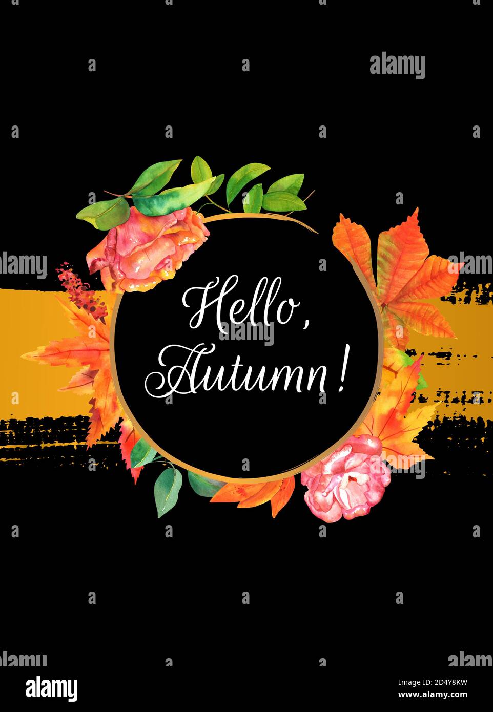 Ciao, striscione autunnale con foglie d'acquerello, rami e fiori, su sfondo nero con un colpo di pennello dorato Foto Stock