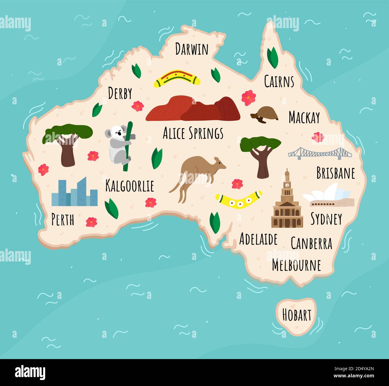 Cartoon mappa dell'Australia. Illustrazione del viaggio con i monumenti storici australiani, gli edifici, il cibo e le piante. Infografiche turistiche divertenti. Simboli nazionali Illustrazione Vettoriale