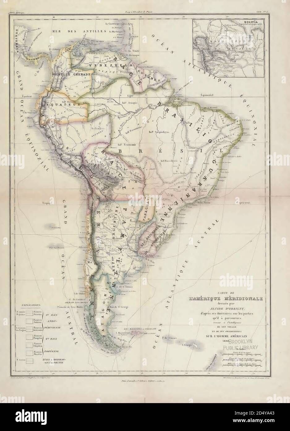 Antica mappa del XIX secolo del Sud America dal libro 'Voyage dans l'Amérique Méridionale' [viaggio in Sud America: (Brasile, repubblica orientale dell'Uruguay, Repubblica argentina, Patagonia, repubblica del Cile, repubblica di Bolivia, repubblica del Perù), eseguito negli anni 1826 - 1833] Atlante di: Orbigny, Alcide Dessalines d', d'Orbigny, 1802-1857; Montagne, Jean François Camille, 1784-1866; Martius, Karl Friedrich Philipp von, 1794-1868 pubblicato Parigi :Chez Pitois-Levrault. Pubblica a Parigi nel 1846-1847 Foto Stock