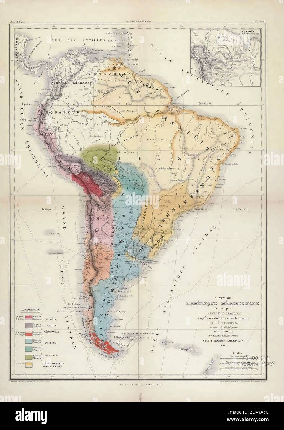 Antica mappa del XIX secolo del Sud America dal libro 'Voyage dans l'Amérique Méridionale' [viaggio in Sud America: (Brasile, repubblica orientale dell'Uruguay, Repubblica argentina, Patagonia, repubblica del Cile, repubblica di Bolivia, repubblica del Perù), eseguito negli anni 1826 - 1833] Atlante di: Orbigny, Alcide Dessalines d', d'Orbigny, 1802-1857; Montagne, Jean François Camille, 1784-1866; Martius, Karl Friedrich Philipp von, 1794-1868 pubblicato Parigi :Chez Pitois-Levrault. Pubblica a Parigi nel 1846-1847 Foto Stock