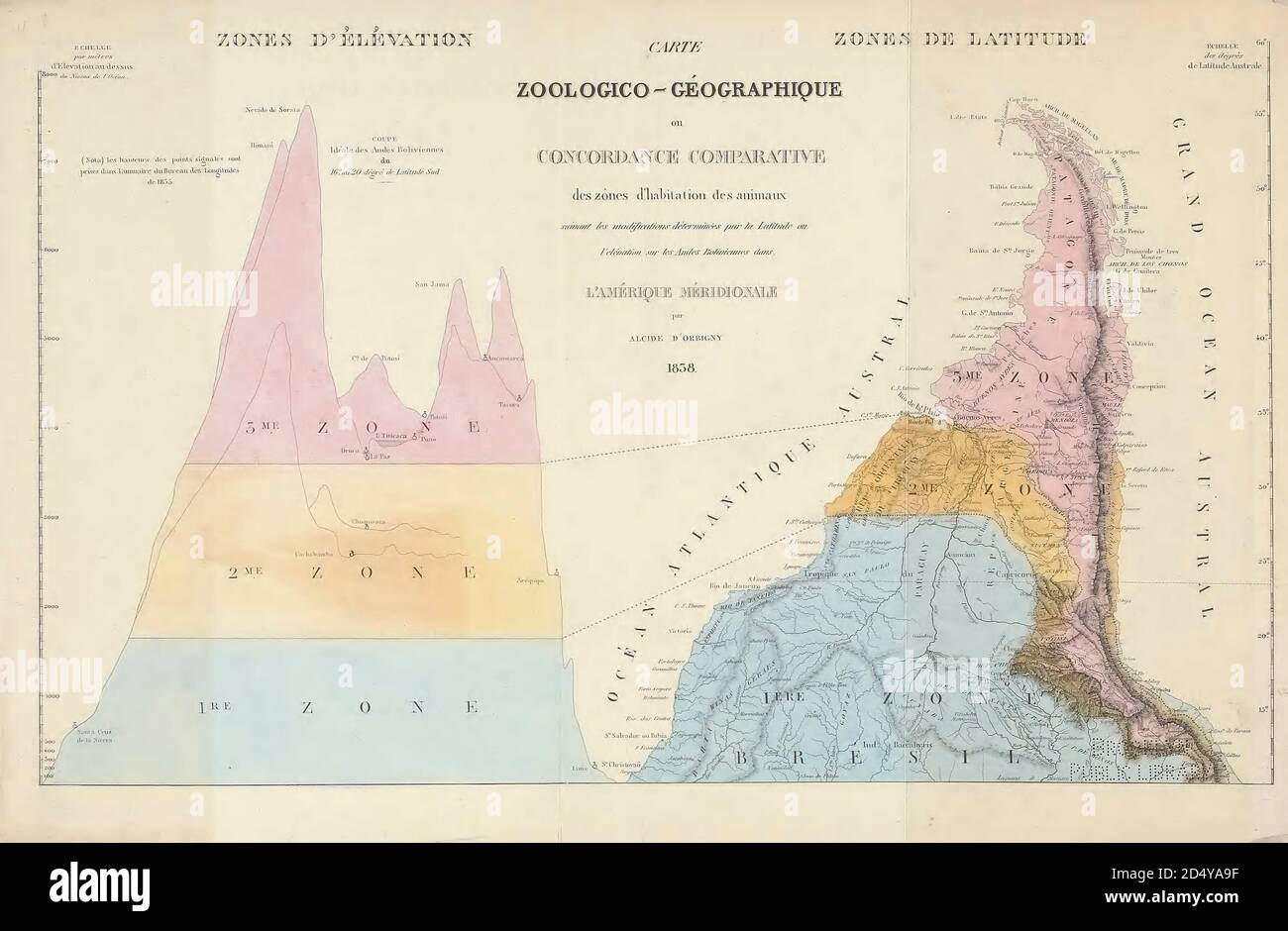 Antica mappa geografica del XIX secolo del Sud America dal libro 'Voyage dans l'Amérique Méridionale' [viaggio in Sud America: (Brasile, repubblica orientale dell'Uruguay, Repubblica argentina, Patagonia, repubblica del Cile, repubblica di Bolivia, repubblica del Perù), eseguito negli anni 1826 - 1833] Atlante di: Orbigny, Alcide Dessalines d', d'Orbigny, 1802-1857; Montagne, Jean François Camille, 1784-1866; Martius, Karl Friedrich Philipp von, 1794-1868 pubblicato Parigi :Chez Pitois-Levrault. Pubblica a Parigi nel 1846-1847 Foto Stock