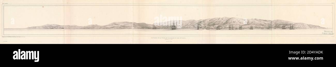 Antico 19 ° secolo schizzo panoramico di Valparaiso, Cile. Dal libro 'Voyage dans l'Amérique Méridionale' [viaggio in Sud America: (Brasile, repubblica orientale dell'Uruguay, Repubblica argentina, Patagonia, repubblica del Cile, repubblica di Bolivia, repubblica del Perù), eseguito negli anni 1826 - 1833] Atlante di: Orbigny, Alcide Dessalines d', d'Orbigny, 1802-1857; Montagne, Jean François Camille, 1784-1866; Martius, Karl Friedrich Philipp von, 1794-1868 pubblicato Parigi :Chez Pitois-Levrault. Pubblica a Parigi nel 1846-1847 Foto Stock