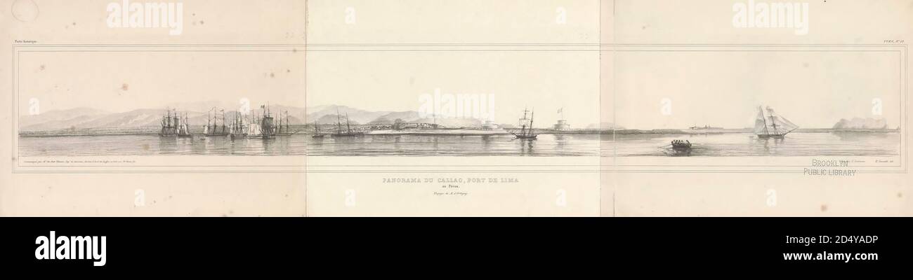 Antico 19 ° secolo schizzo panoramico del porto di Callao, Lima, Perù. Dal libro 'Voyage dans l'Amérique Méridionale' [viaggio in Sud America: (Brasile, repubblica orientale dell'Uruguay, Repubblica argentina, Patagonia, repubblica del Cile, repubblica di Bolivia, repubblica del Perù), eseguito negli anni 1826 - 1833] Atlante di: Orbigny, Alcide Dessalines d', d'Orbigny, 1802-1857; Montagne, Jean François Camille, 1784-1866; Martius, Karl Friedrich Philipp von, 1794-1868 pubblicato Parigi :Chez Pitois-Levrault. Pubblica a Parigi nel 1846-1847 Foto Stock