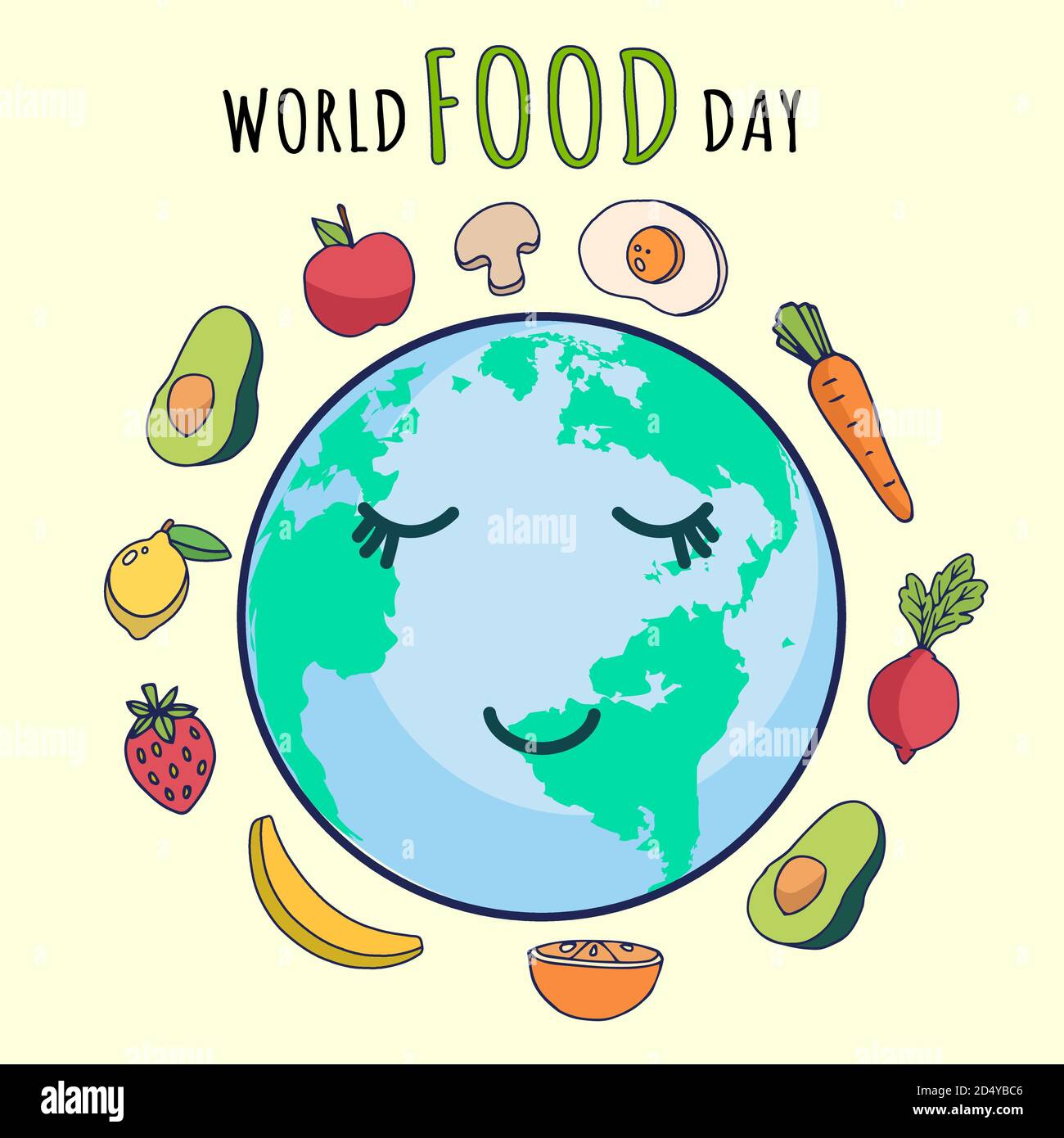 Poster del saluto della Giornata Mondiale dell'alimentazione, vettore di illustrazione di frutta e verdura Illustrazione Vettoriale