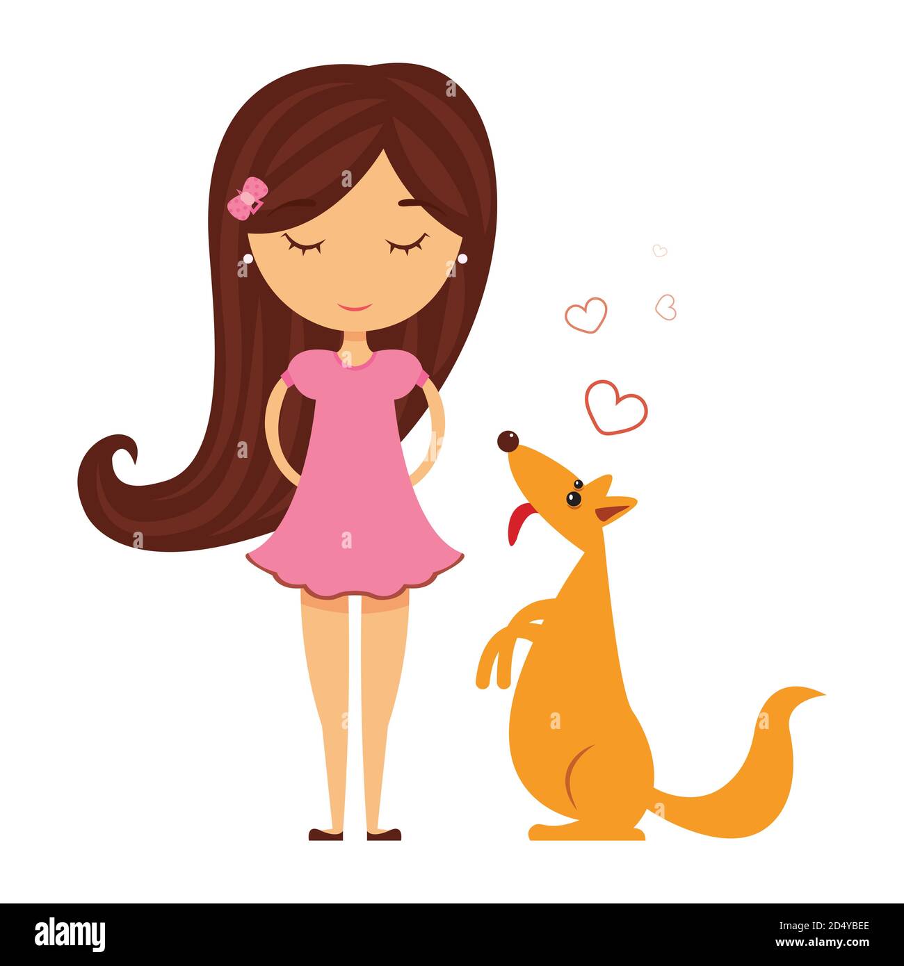 Una ragazza in un vestito rosa sorride, un cane giallo è seduto accanto a lei. Illustrazione vettoriale isolata di un bambino felice e di un animale domestico Illustrazione Vettoriale